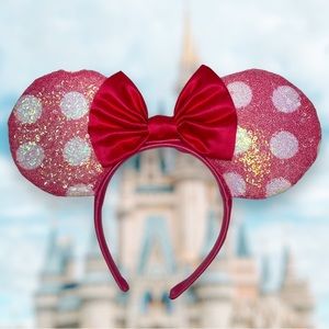 Disney Minnie Mouse Ears Bow Headband With Sequins Classic Polka-Dot Pink/White